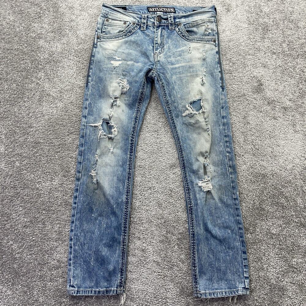 Affliction Jeans Mens 31x32 Blue Ace Straight Distressed Rip Stains Denim Grunge